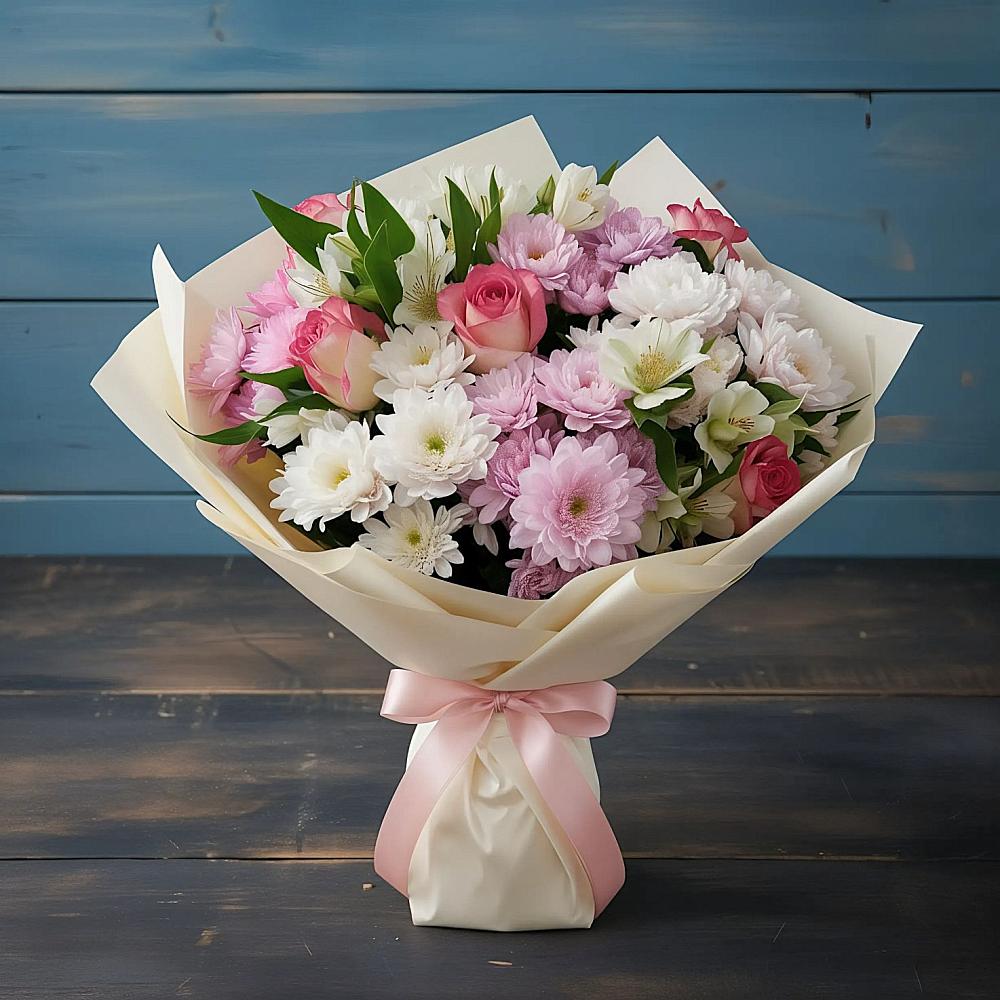 Букет цветов из: Хризантемы, Альстромерии и Розы в Дедовске